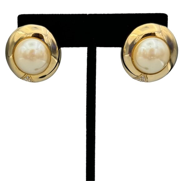 50s Glamour Faux Pearl, Gold, & Rhinestone Statement Button Vintage Earrings - Picture 2 of 9